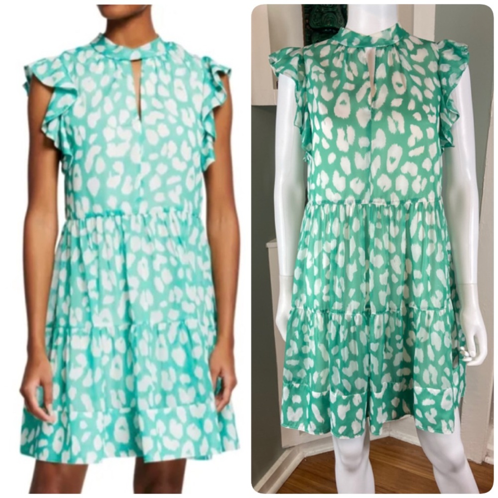 Milly Mona Jungle Leopard Print Tiered Tier Chiffon Mini Dress Small S Green